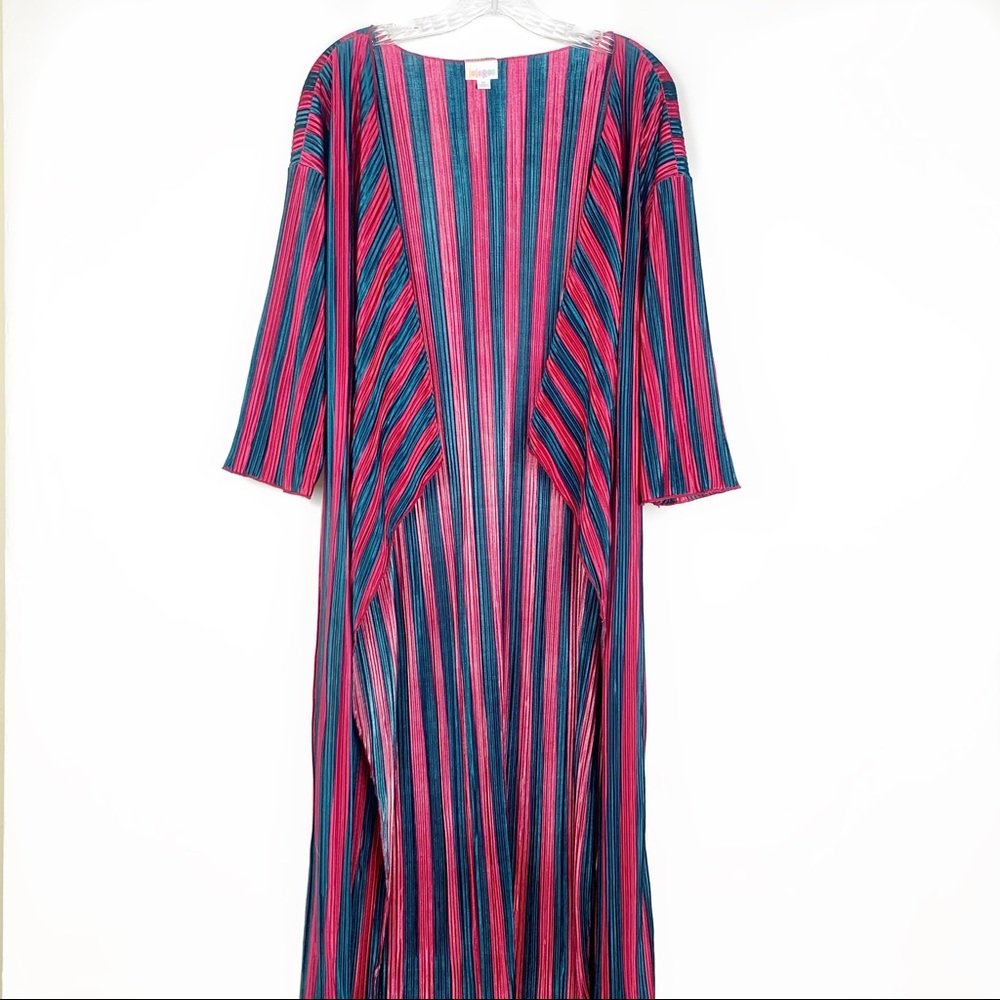 LulaRoe pink and blue striped Shirley kimono M